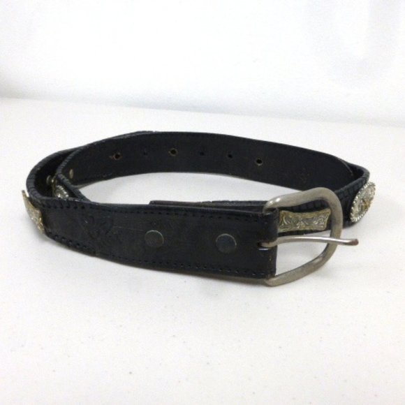 Vintage silver + gold concha tooled leather western belt 38 - Picture 2 of 7